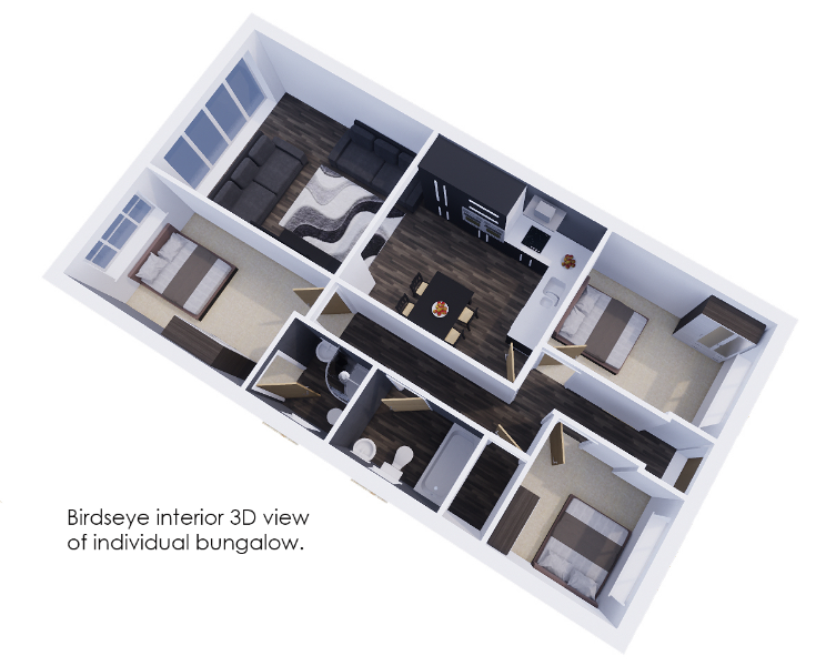 Interior 3D view of bungalow layout